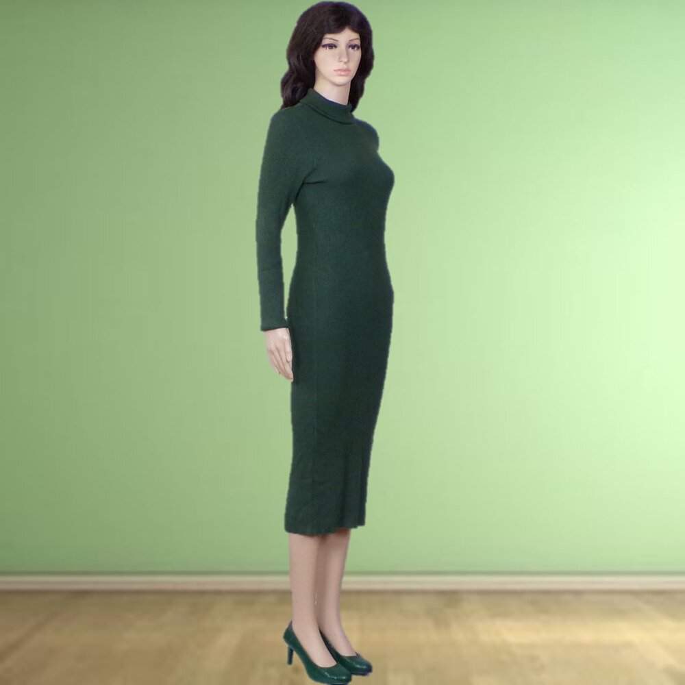 ROCOROSE size M forest-green knit bodycon long-sleeve turtleneck midi dress - Picture 2 of 13